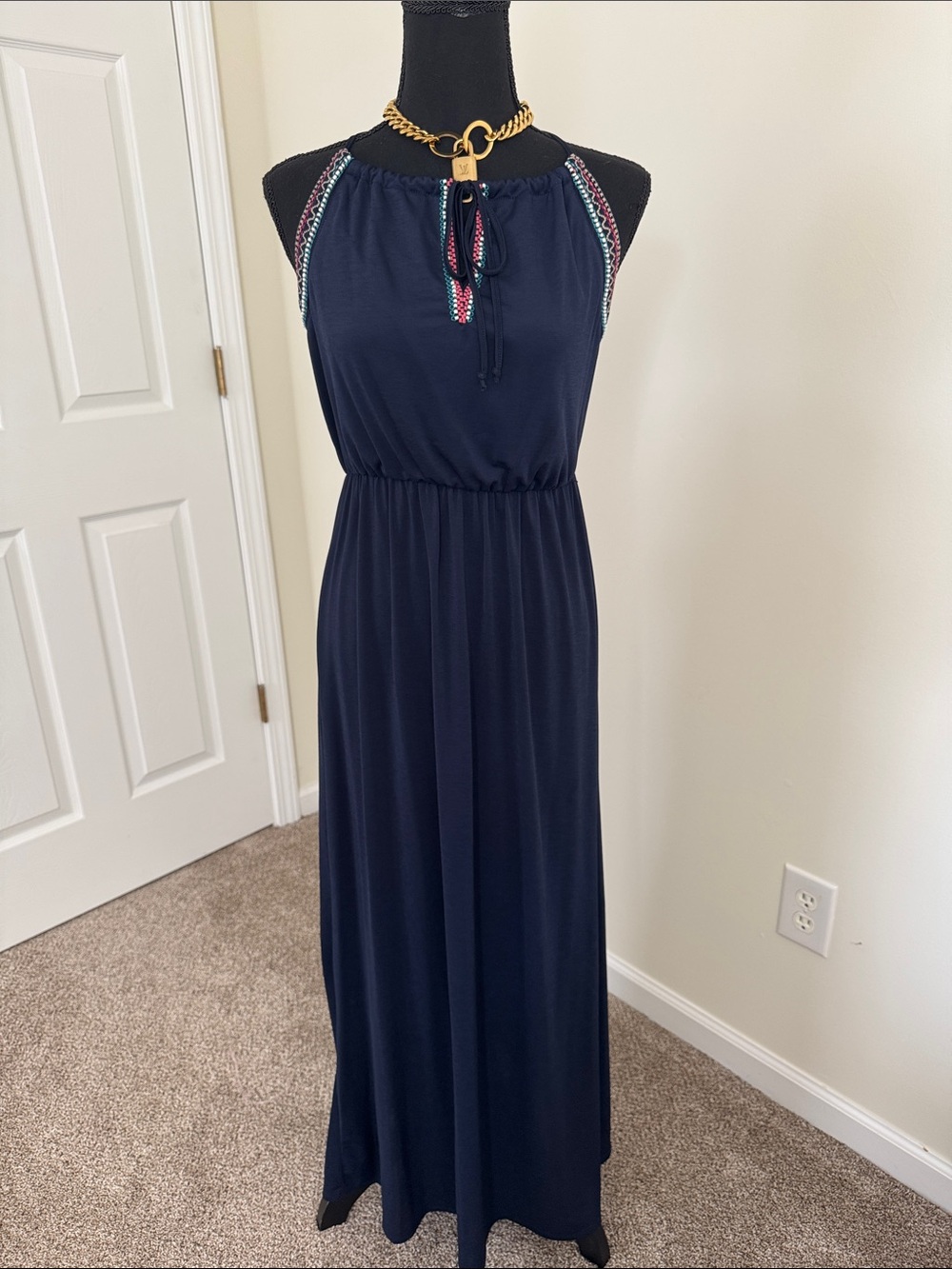 Tempted Navy Halter Maxi Dress with Embroidered Trim S